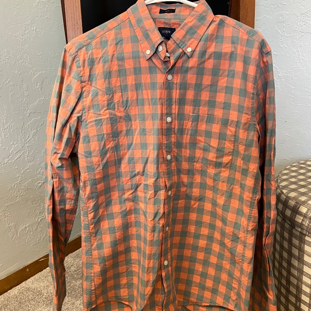 J. Crew Factory Washed Button Down Shirt - Orange/Coral and Grey Plaid